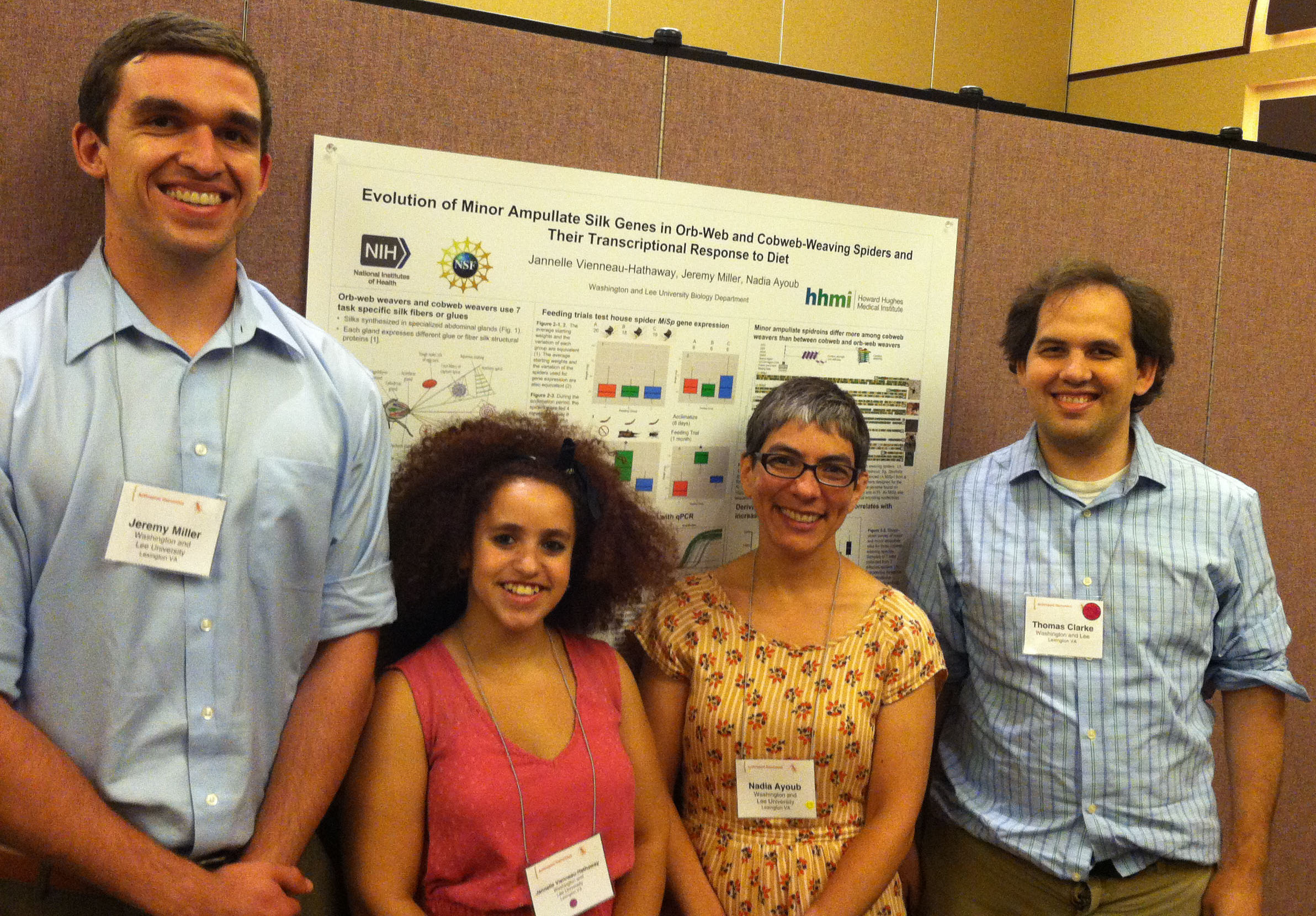 Undergraduates, Jeremy Miller (far left) and Jannelle Vienneau-Hathaway (second from left and first author), worked with Nadia Ayoub (second from right) on cobweb spiders’ minor ampullate silk genes. Bioinformatics specialist, Toby Clarke (far right), also co-authored the recent publication. Pictured at Arthropod Genomics Symposium, 2015