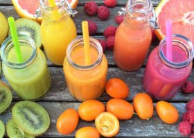 Colourful selection of fruit and beverages