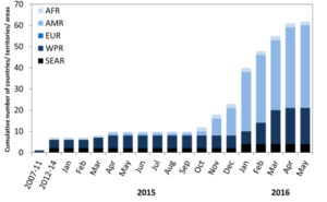 Cumulative number of countries, territories and areas by WHO region reporting mosquito-borne ZIKV transmission in years, 2007-2014, and monthly from 1 January 2015 to 11 May 2016. Source: http://www.who.int/emergencies/zika-virus/situation-report/en/