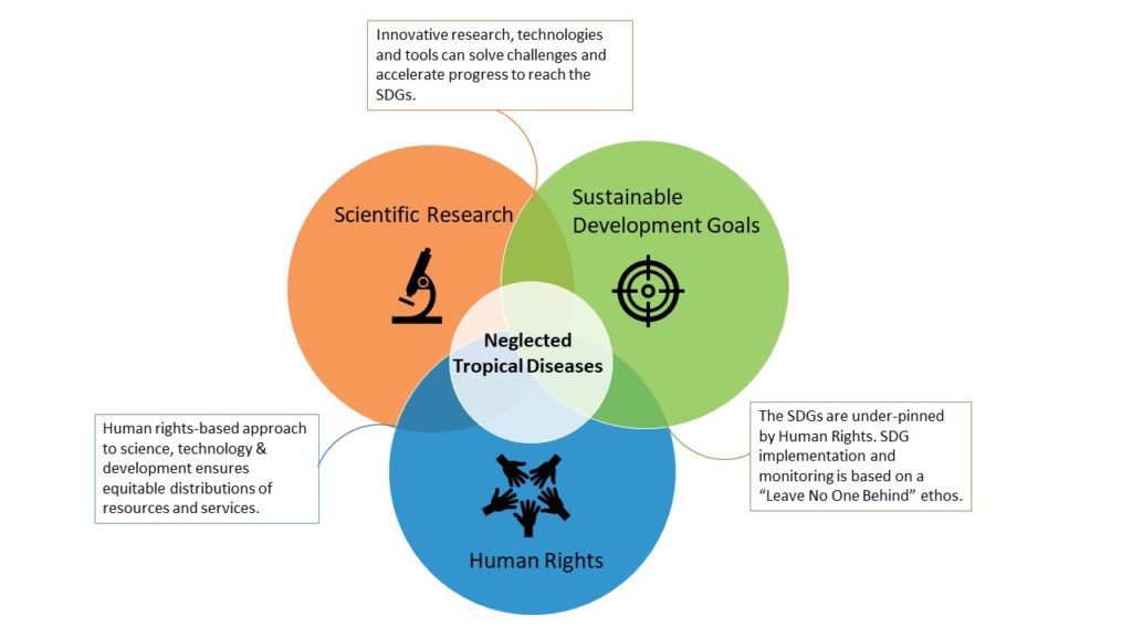 Neglected Tropical Diseases in the middle of a Venn diagram where Scientific Research, Sustainable Development Goals and Human Rights.