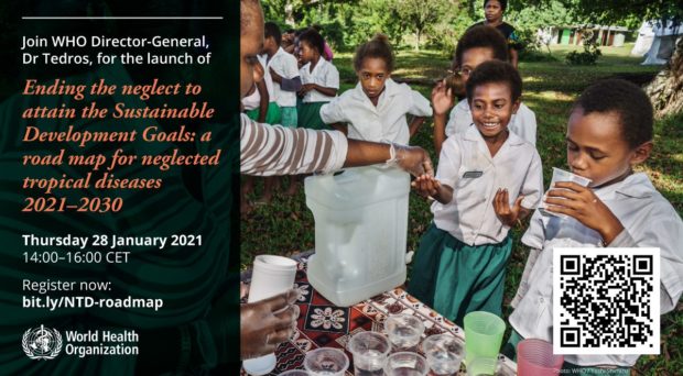 WHO Invitation to join the launch of the new road map. Shows children receiving treatment for NTDs.